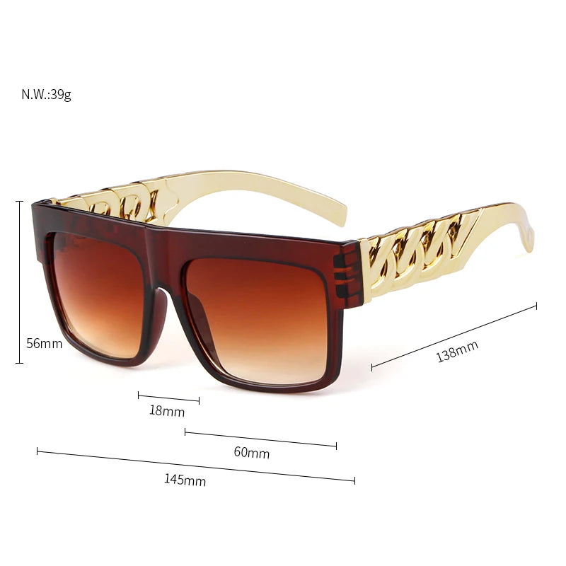 2025 Oversized Hip Hop Sunglasses Men Women Brand Design Flat Top Retro Square Black Sun Glasses Gold Plastic Chain Frame OM725