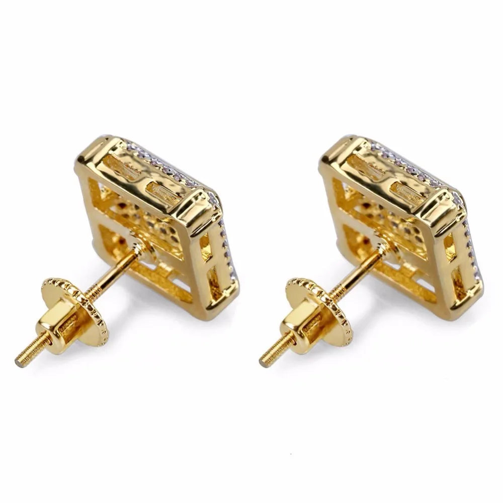 Full AAA+ CZ Stone Pave Bling Ice Out Men's Hip Hop Stud Earring Gold Color Copper Square Earrings for Men Hiphop Rapper Jewelry