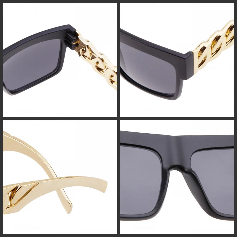 2025 Oversized Hip Hop Sunglasses Men Women Brand Design Flat Top Retro Square Black Sun Glasses Gold Plastic Chain Frame OM725