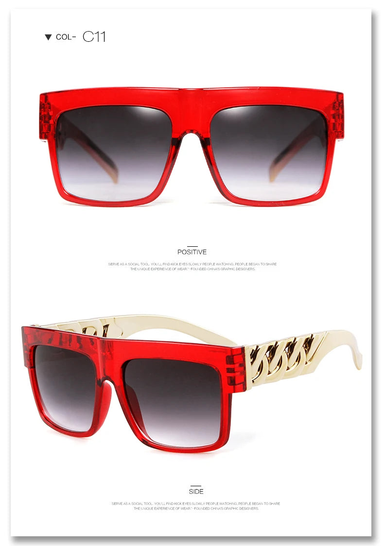 2025 Oversized Hip Hop Sunglasses Men Women Brand Design Flat Top Retro Square Black Sun Glasses Gold Plastic Chain Frame OM725