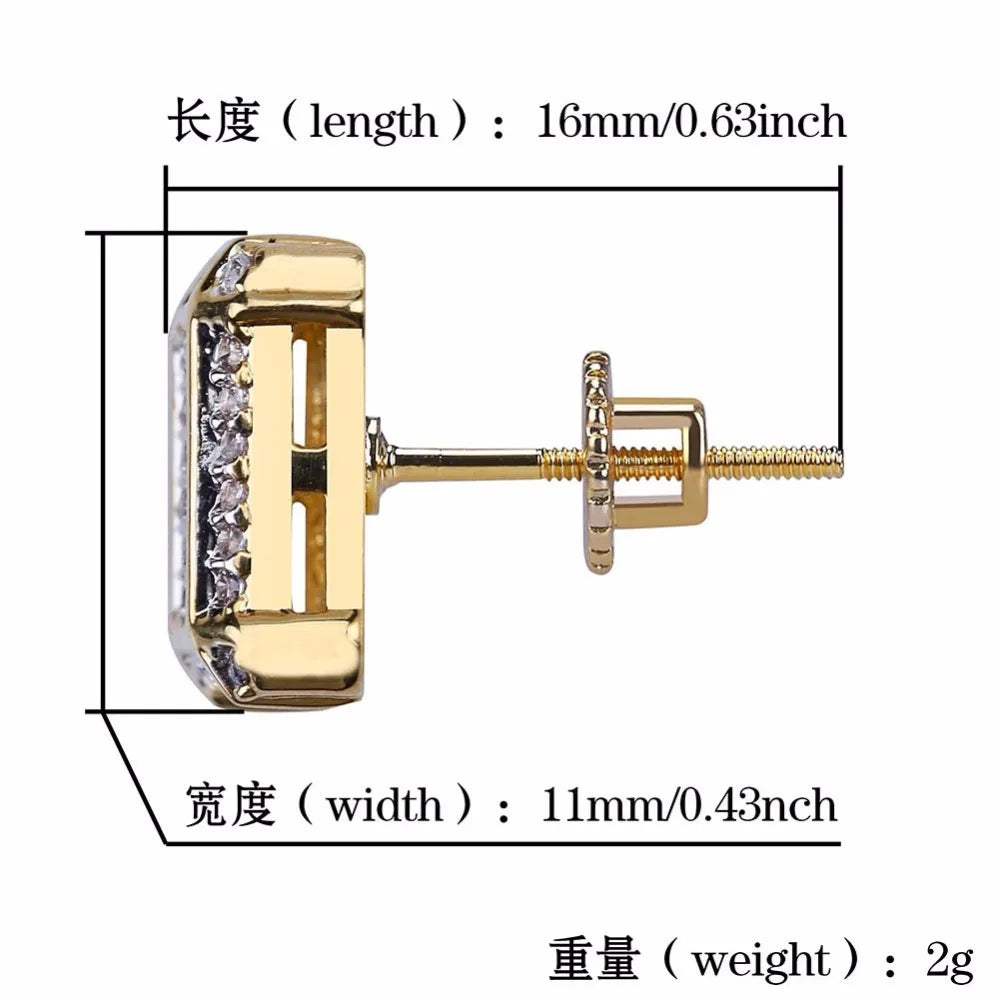 Full AAA+ CZ Stone Pave Bling Ice Out Men's Hip Hop Stud Earring Gold Color Copper Square Earrings for Men Hiphop Rapper Jewelry