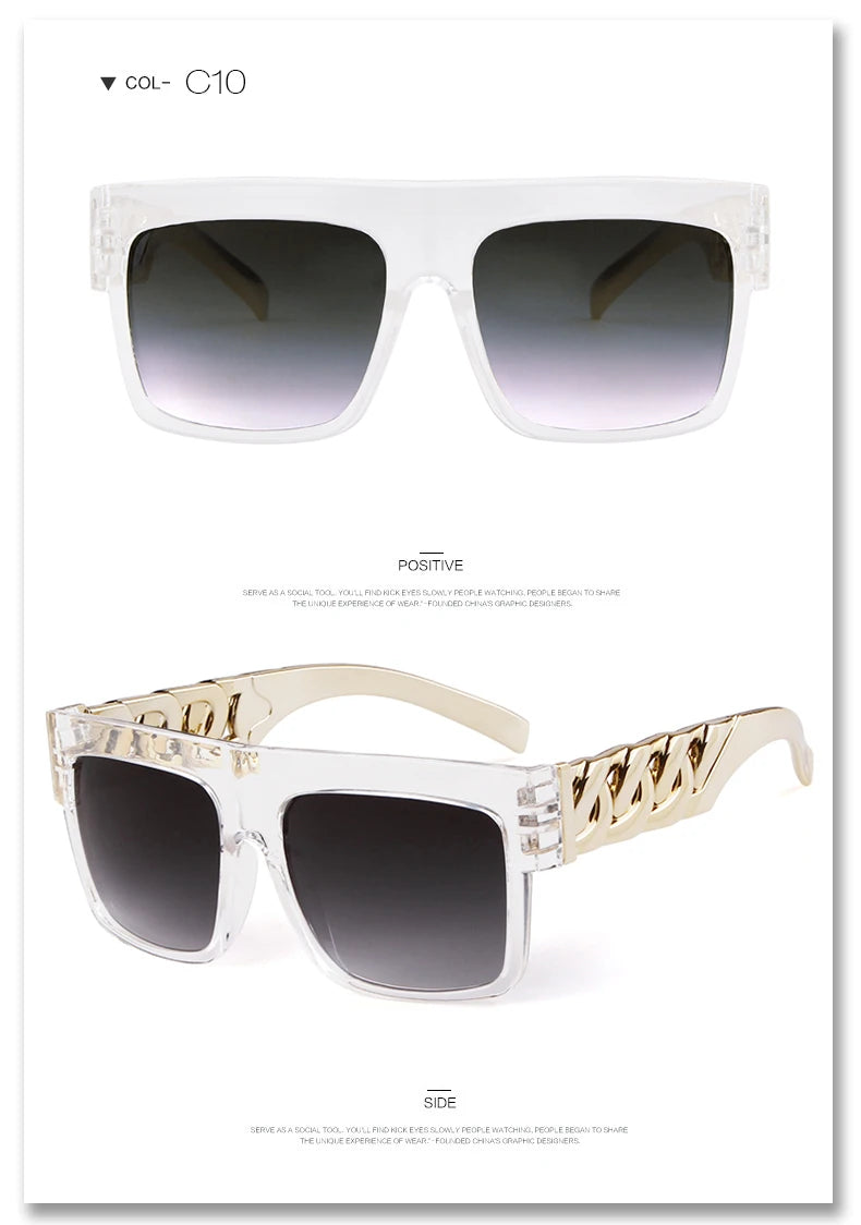 2025 Oversized Hip Hop Sunglasses Men Women Brand Design Flat Top Retro Square Black Sun Glasses Gold Plastic Chain Frame OM725