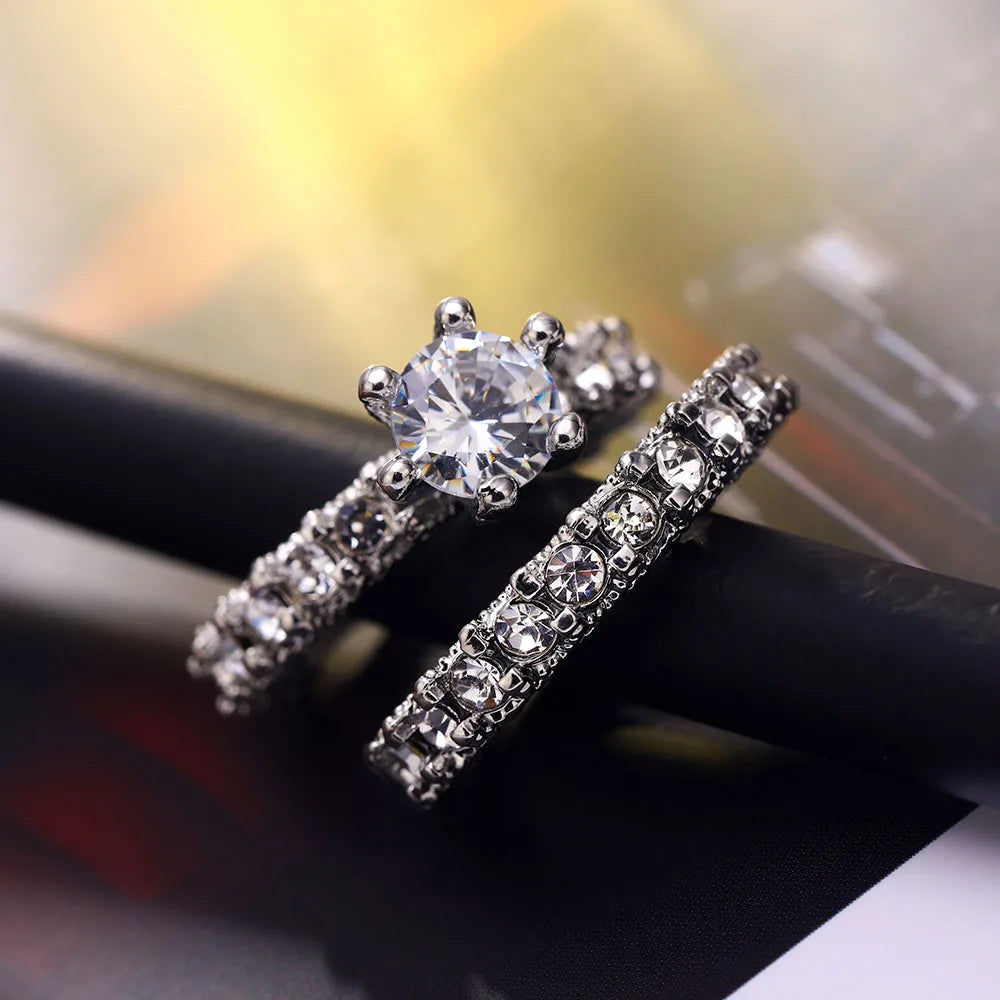 Elegant Zircon Silver Color Engagement Wedding Ring Set for Women