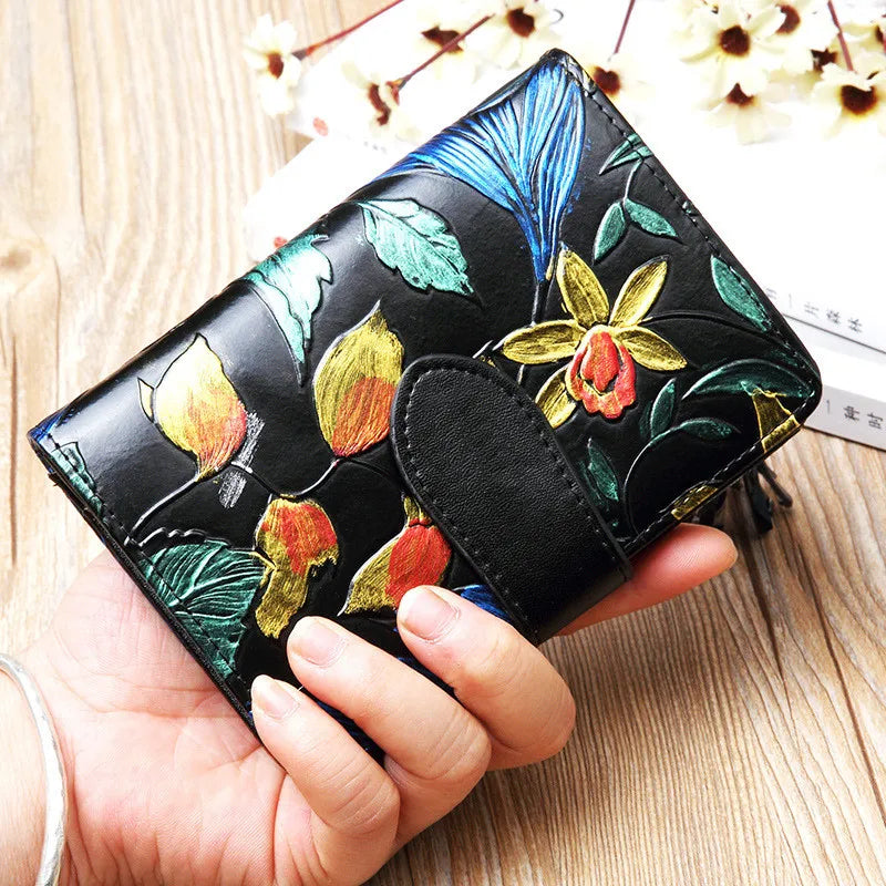 Floral Purse Short Women 2025 New Small Wallet Women Cards and Coins Cow Leather Purse Bag
