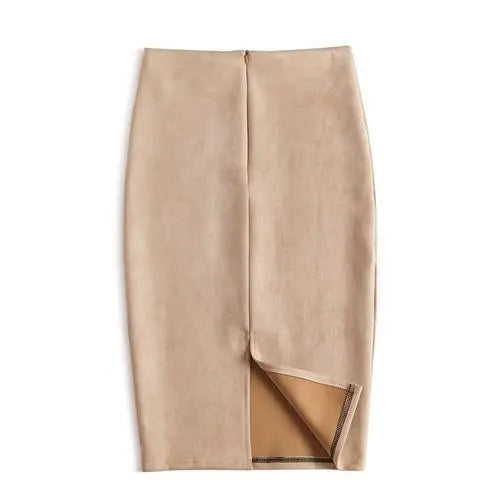 Winter Sexy Bodycon Suede Skirts 2025 Fashion Knee Length High Waist Office Skirt Korean Women Clothes Elegant Slim Pencil Skirt