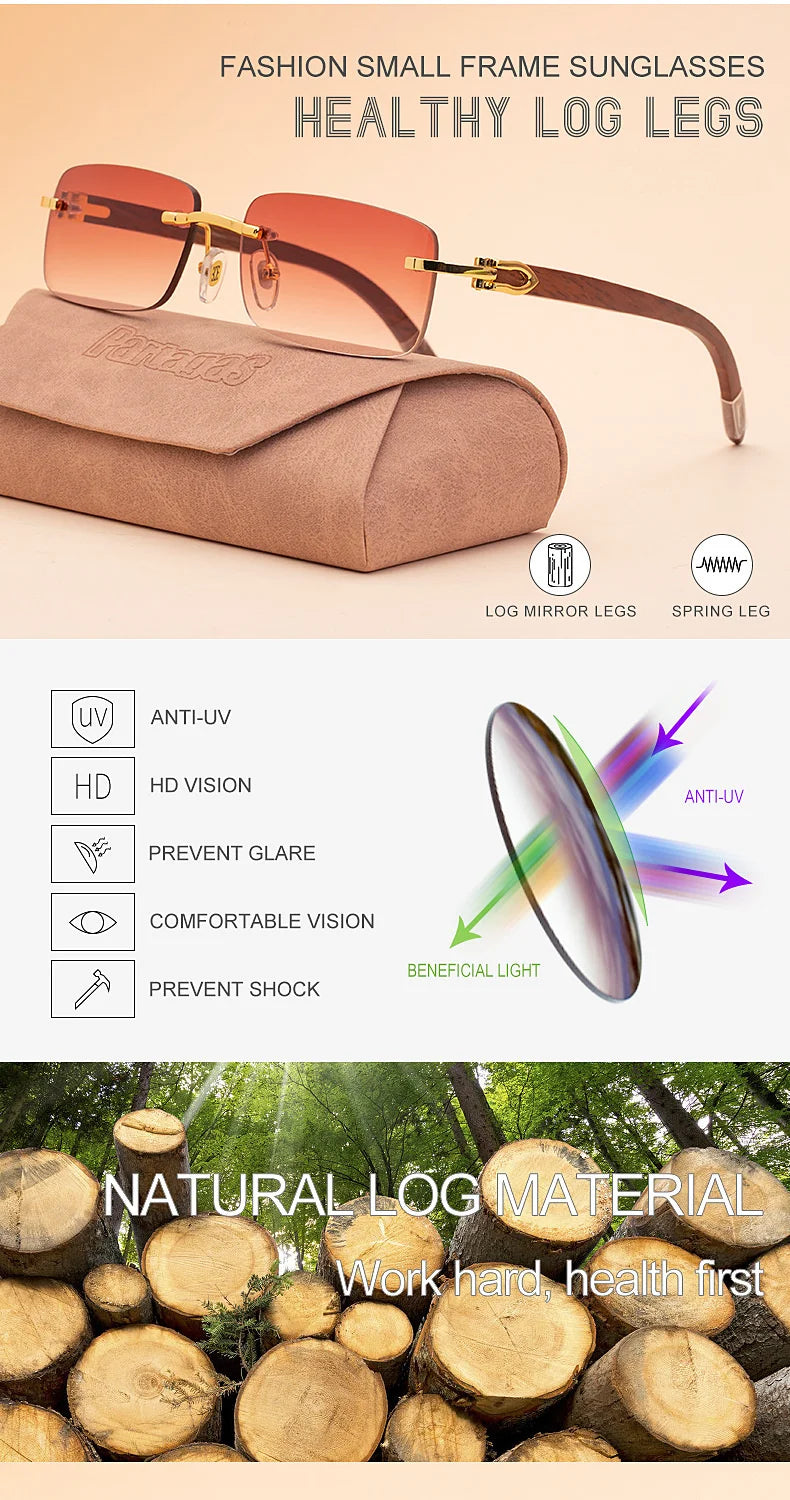 Natural Rimless Wooden Sunglasses Men Women 2025 Trendy Original Wood Sun Glasses for Male Retro Rectangle Eyewear Shades Uv400