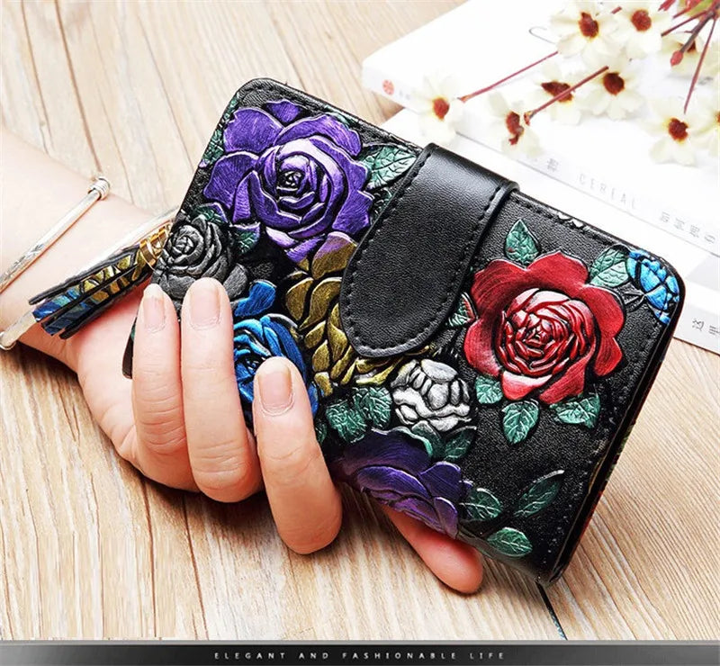Floral Purse Short Women 2025 New Small Wallet Women Cards and Coins Cow Leather Purse Bag