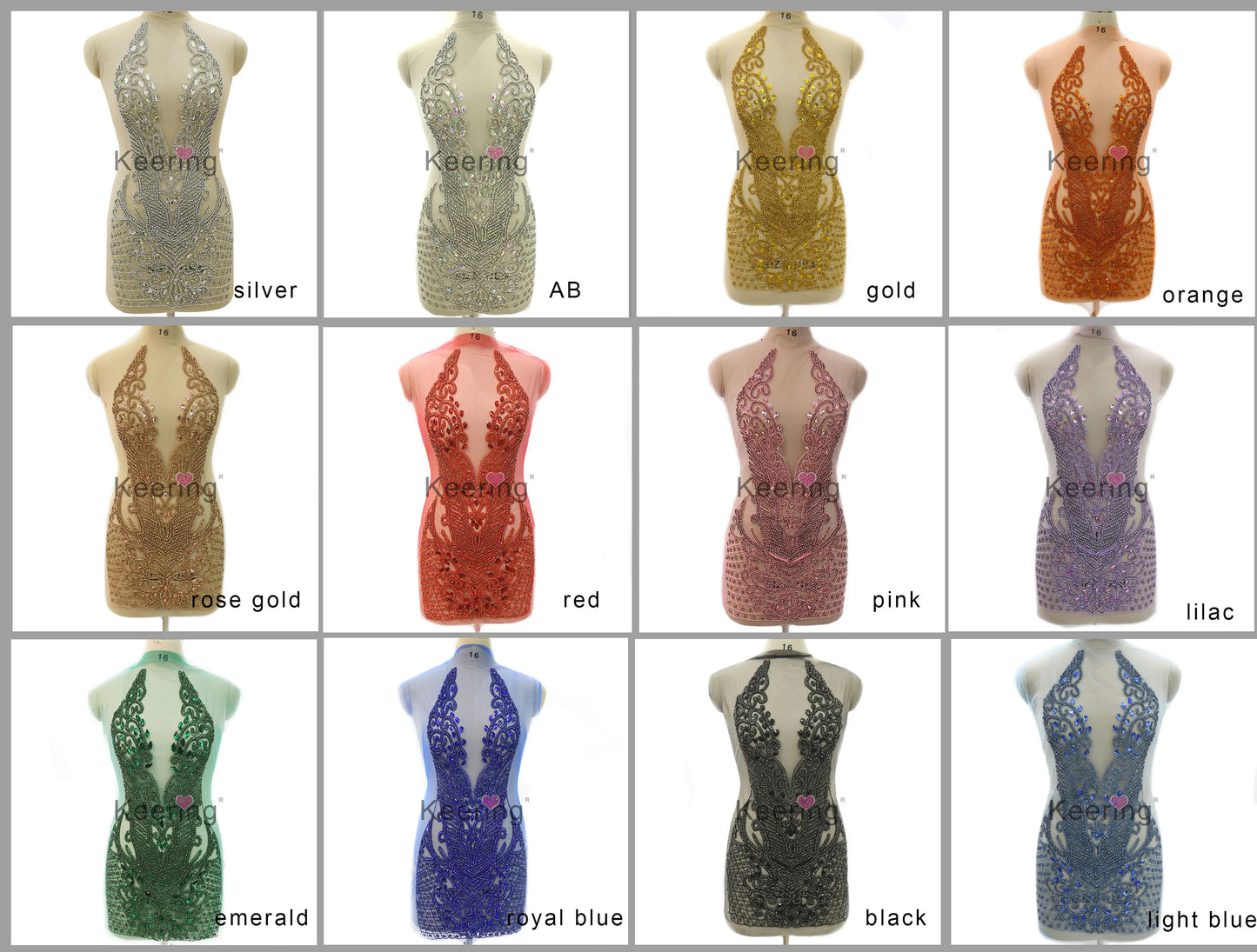 Keering Fashion Designer Silver Crystal 2023 Girls Clothing Sets Custom Glass Rhinestone Black Gold Applique for Dresses