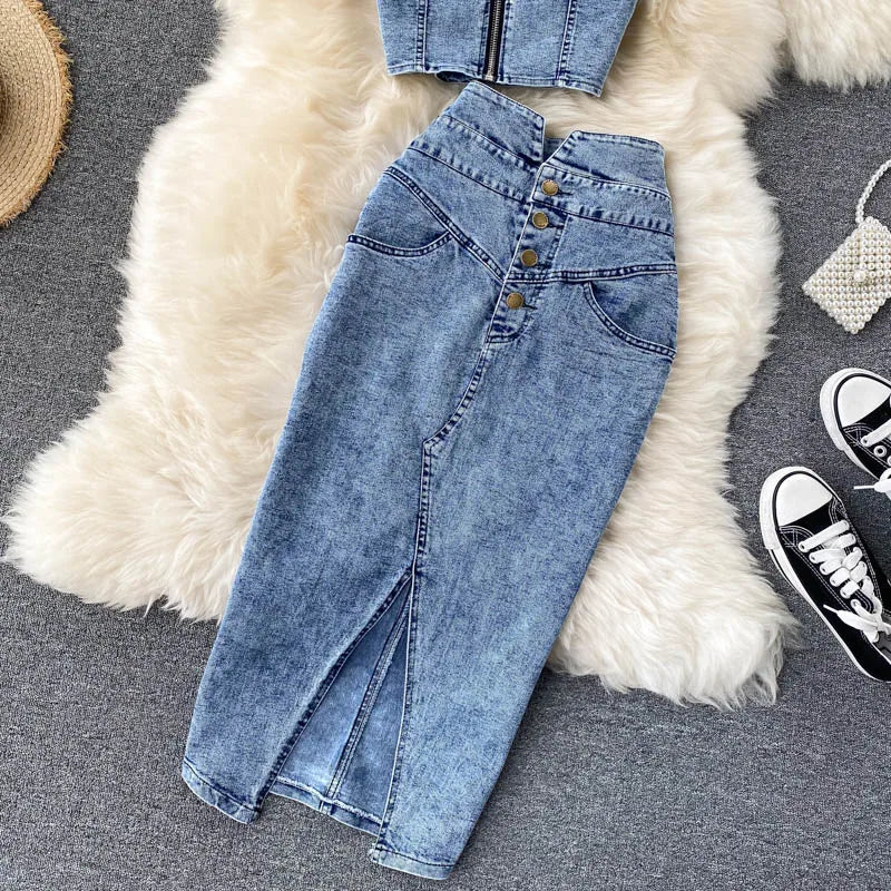 Amolapha Women Jeans Tank Vest+Skirts Sets Woman Girls Slim Denim Straps Tops Buttons Maxi Skirt Suits