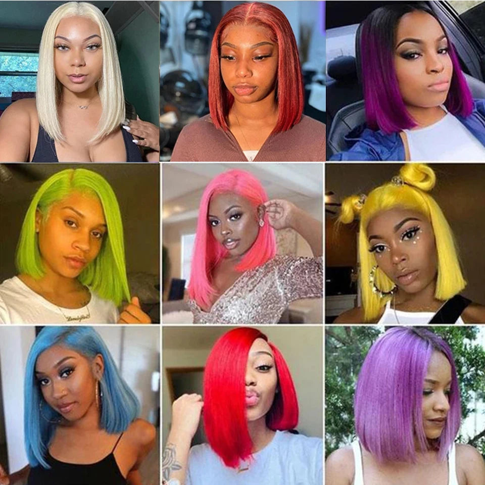 Sleek Pink Lace Front Short Bob Wigs Brazilian Ombre Black T4/Pink Human Hair Wigs 200% Density Natural Remy Human Hair