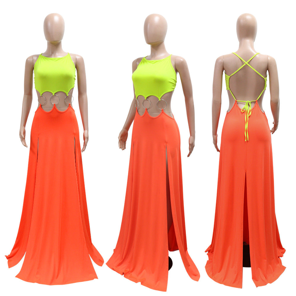 CM.YAYA Women Strap Backless Big Swing Split Maxi Long Dress 2025 Hollow Out Birthday Sexy Club Party Evening Dresses Vestidos