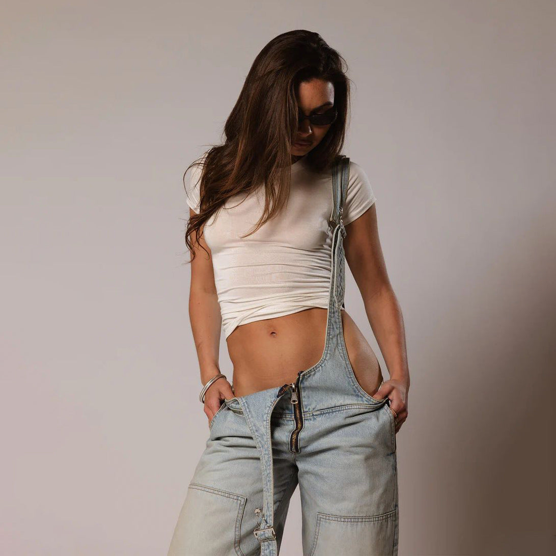 Jumpsuits Women Jeans Overalls Sexy Backless Vintage Full Length Denim Straight Pants Loose Pockets Distressed Washed Casual