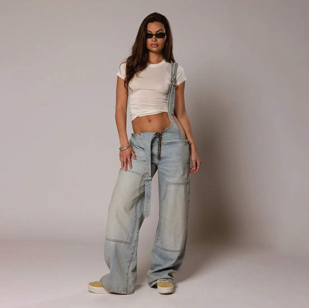 Jumpsuits Women Jeans Overalls Sexy Backless Vintage Full Length Denim Straight Pants Loose Pockets Distressed Washed Casual