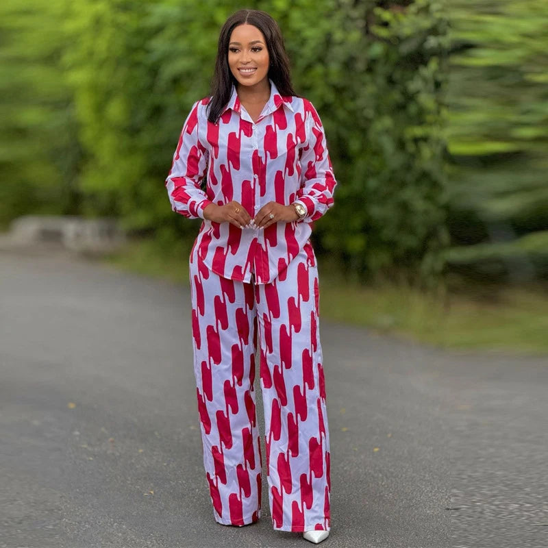 African Stripe Two Piece Set Women Long Sleeve Wide Leg