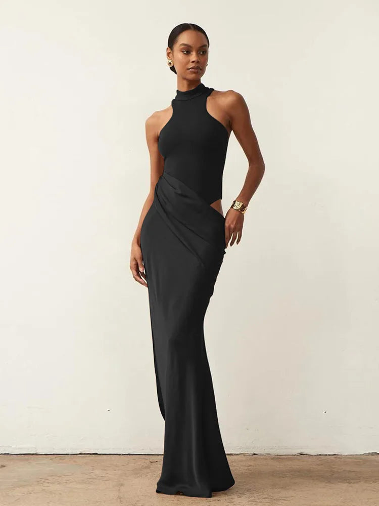 Satin Sexy Hollow Out Women Maxi Dress