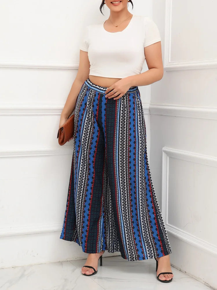 GIBSIE Plus Size Bohemian Printed Women Trousers 2025 Beach Vacation Casual Loose Elastic Waist Wide Leg Pants With Pockets