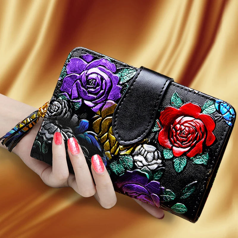 Floral Purse Short Women 2025 New Small Wallet Women Cards and Coins Cow Leather Purse Bag