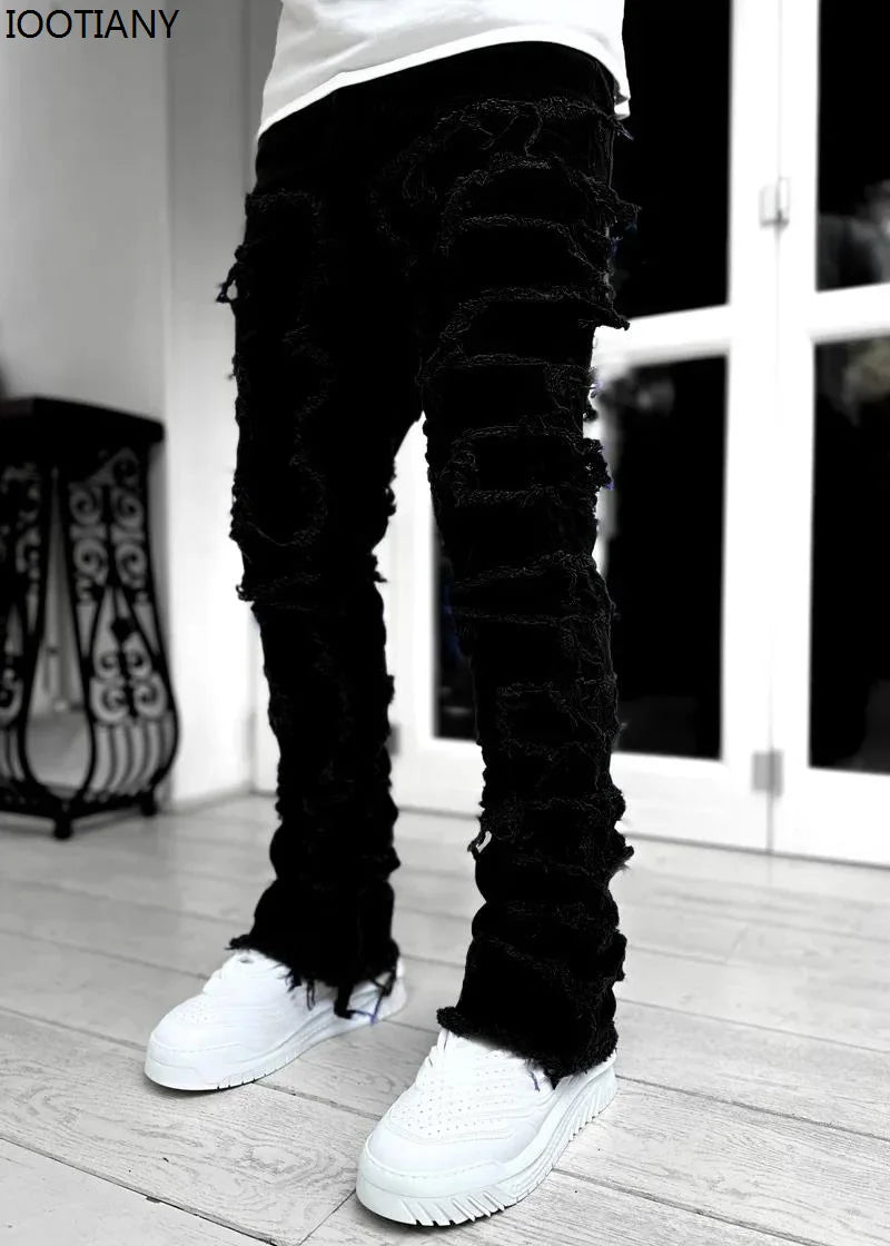 New Fashion Stretch Jeans Man Stacked Jeans Elastic Waist Straight Fit Patchworks Denim Long Pants Fringe Ripped Jeans For Men