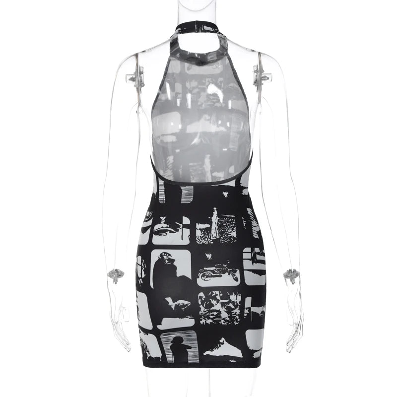 Hugcitar Vintage Print Halter Sleeveless Backless Sexy Slim Bodycon Mini Dress 2023 Summer Y2K Outfit Streetwear Nightclub Biker
