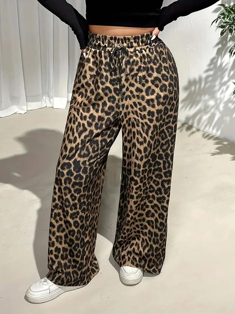 GIBSIE Plus Size Leopard Print Drawstring Wide Leg Pants Women 2025 Spring Summer High Waist Loose Casual Straight Trousers