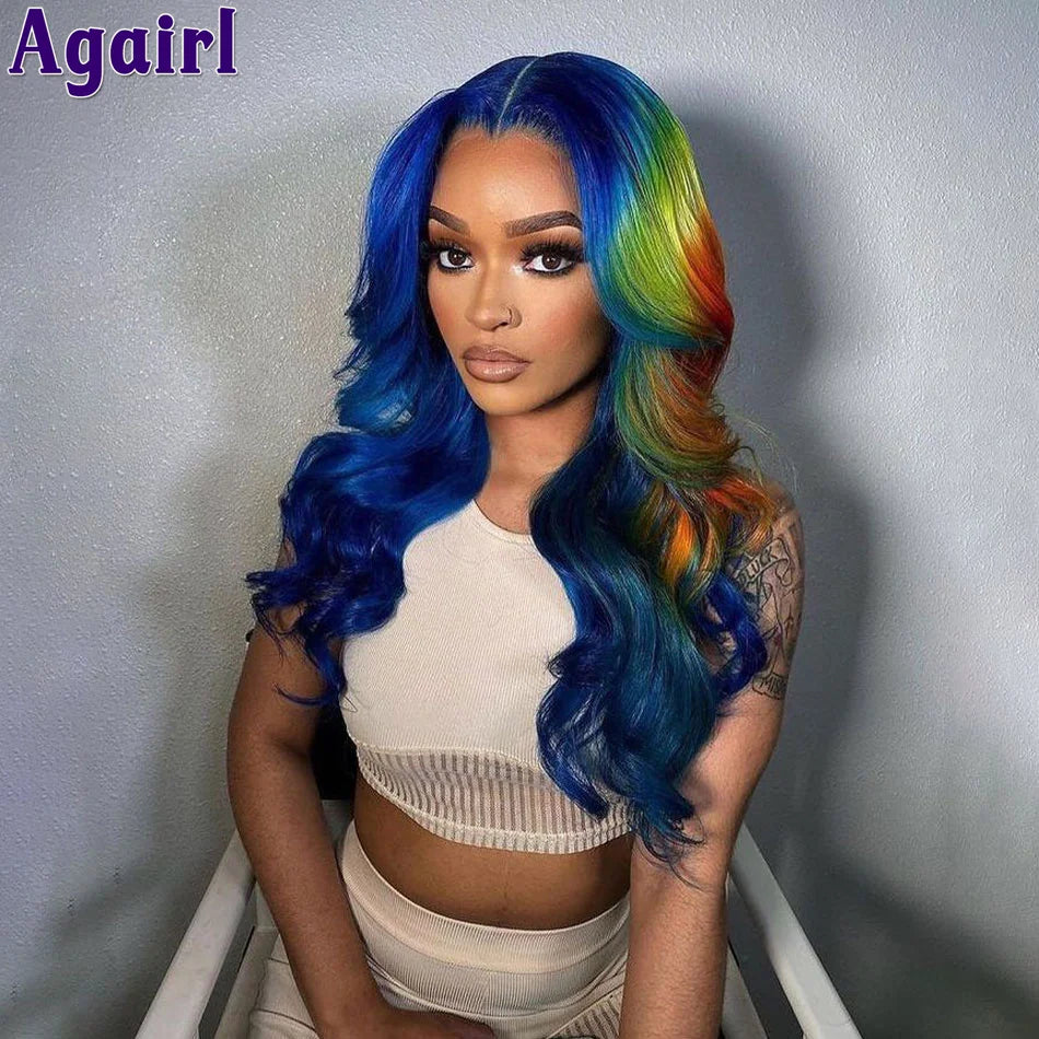 Multi Colored Lace Front Wig Body Wave Human Hair Blue With Red Green Highlight 6X4 Lace Closure Wigs For Women Pre Plucked 180%