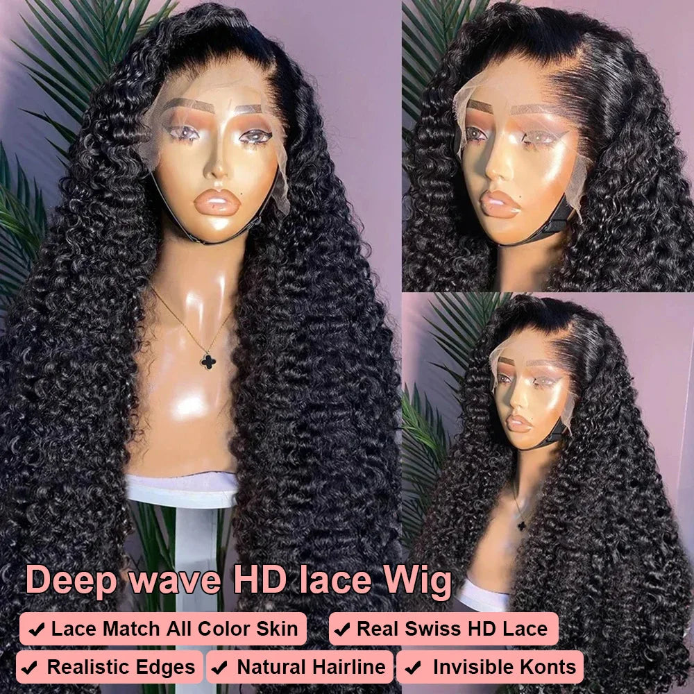 Curly 360 Lace Front Human Hair Wigs 250 Density Brazilian Deep Wave 40 Inch 13x6 HD Lace Frontal Wig 100% Human Hair Preplucked