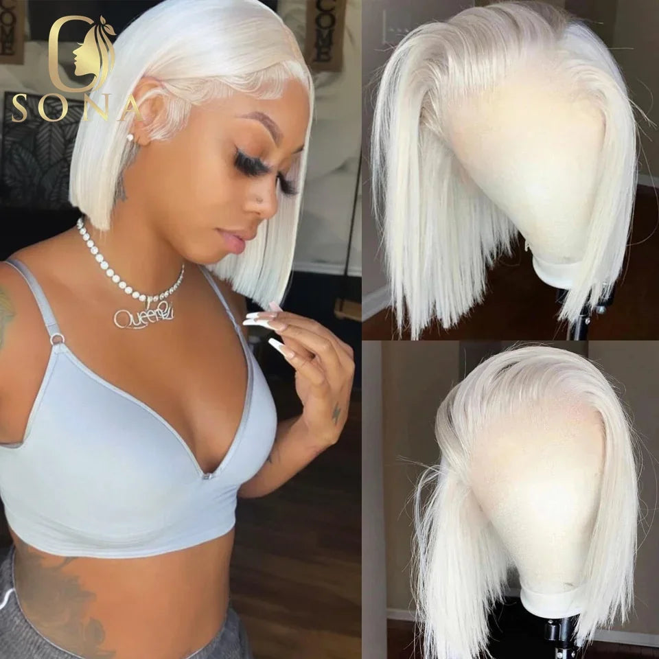 13x6 Colored Dark Root White Platinum Ash Blonde Straight Bob Lace Frontal Wig Human Hair Pre Plucked Brazilian Remy Front Wig
