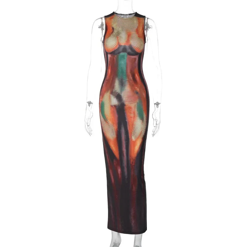 Summer 2024 Y2K Print Sexy Evening Party Club Birthday Maxi Dress for Women Bodycon Sleeveless Long Dresses Outfits Streetwear