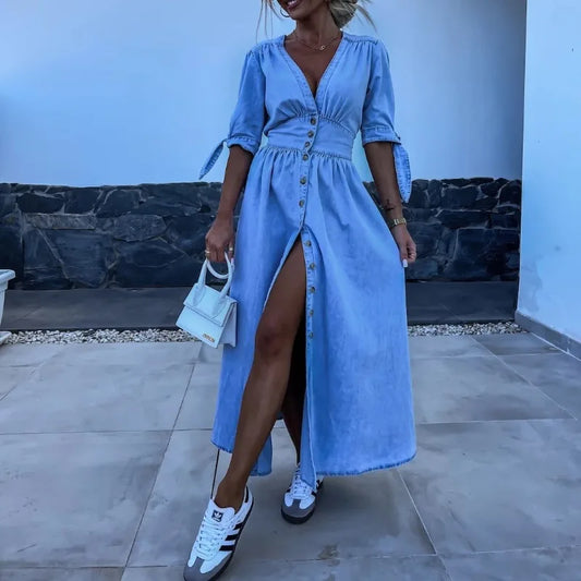 Sexy V-neck Long Single-Breasted Denim Dress