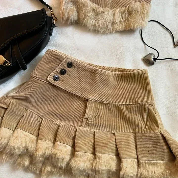 Harajuku New Y2k Two Piece Sets Womens Outifits Pink Leather Denim Splicing Zipper Jacket Skirt Sets Pleated Skirts Streetwear