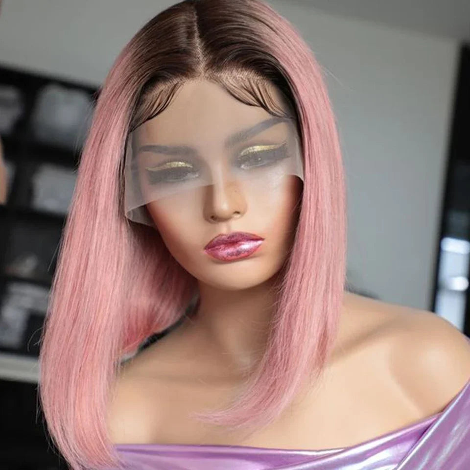 Sleek Pink Lace Front Short Bob Wigs Brazilian Ombre Black T4/Pink Human Hair Wigs 200% Density Natural Remy Human Hair