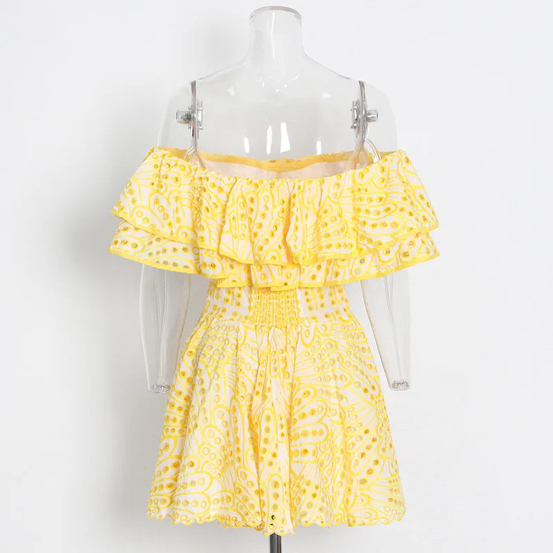 JAMERARY Women Dress Summer Runway Cut Out Double Layer Ruffles Embroidery Elastic Waist Short Party Vestidos Holiday Beach Wear