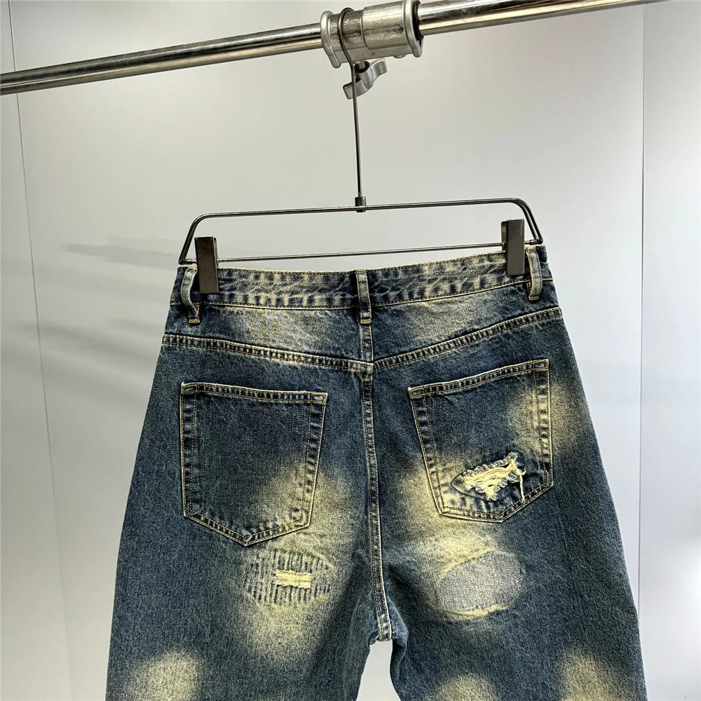 American Streetwear Ripped Patch Jeans Hip Hop Baggy Jeans Mens Clothing Vintage Denim Cargo Pants Japanese Harajuku Trousers
