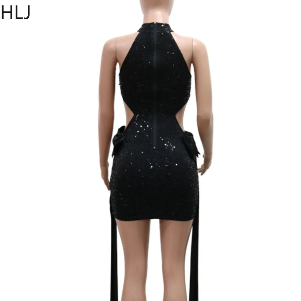 FAGADOER Bow Patchwork Bodycon Birthday Party Mini Sequined Dress Black Sexy Side Hollow Halter Tassel Night Clubwear 2024 New