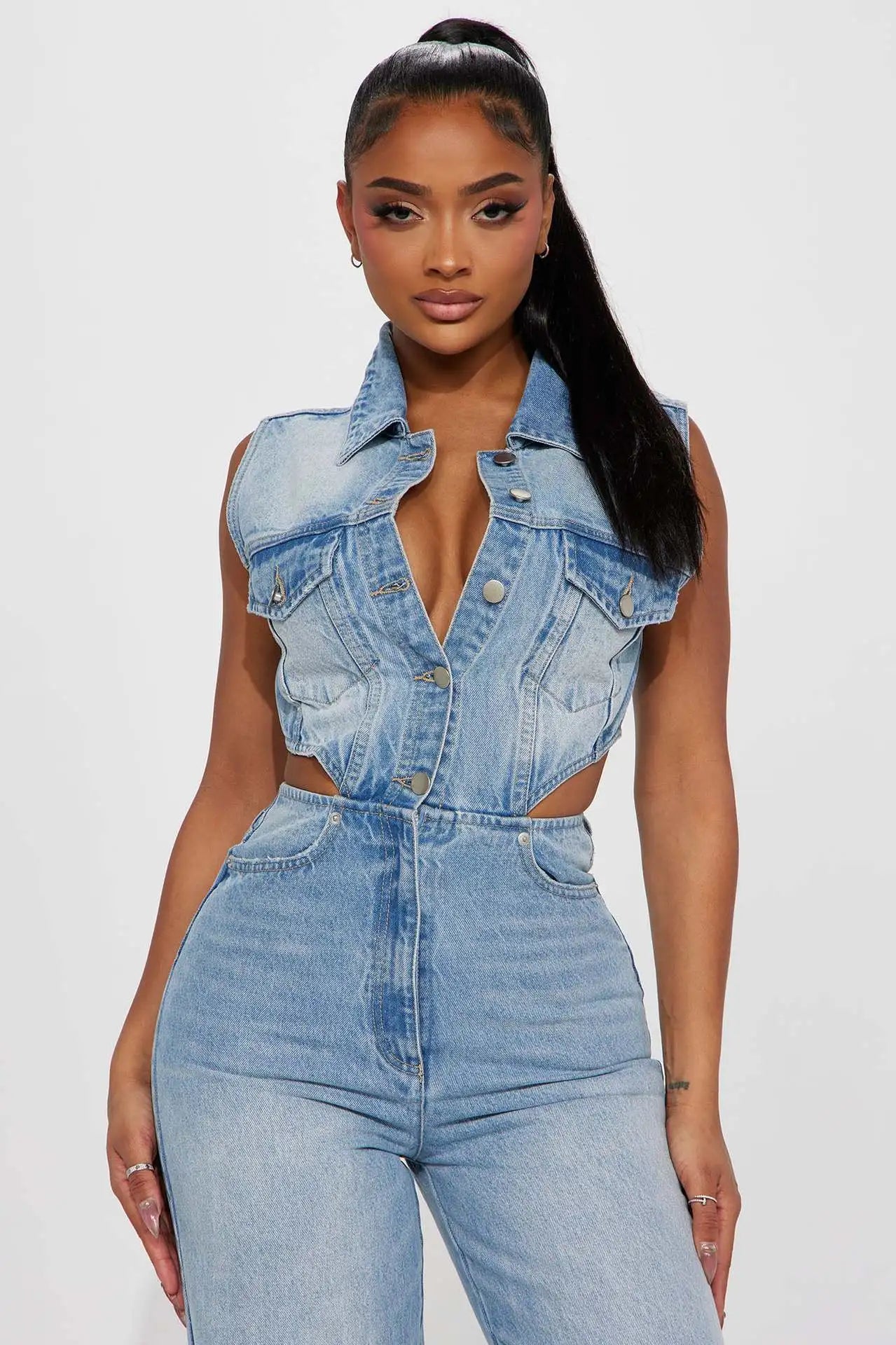 FAGADOER Y2k Retro Denim One Pieces Jumpsuit Women High Quality Stretchy Wide Leg Jean Rompers Side Hollow Streetwear Overalls