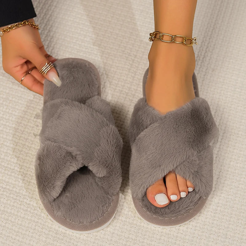 Cross Warm Fluffy Furry Lightweight Slippers For Women