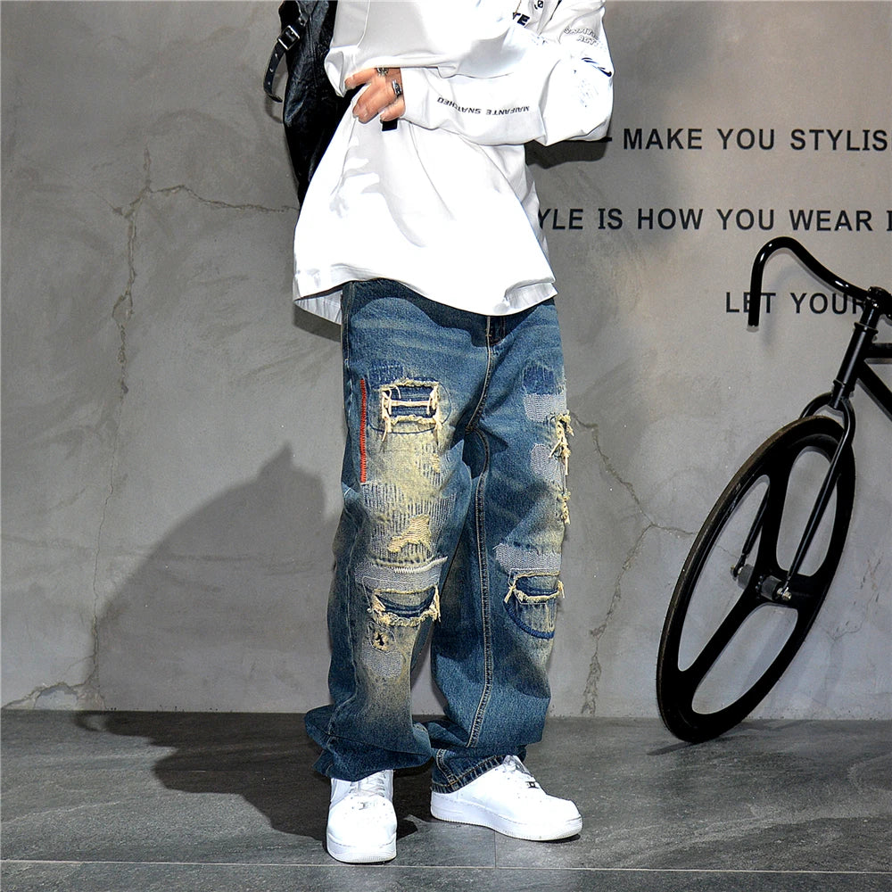 American Streetwear Ripped Patch Jeans Hip Hop Baggy Jeans Mens Clothing Vintage Denim Cargo Pants Japanese Harajuku Trousers