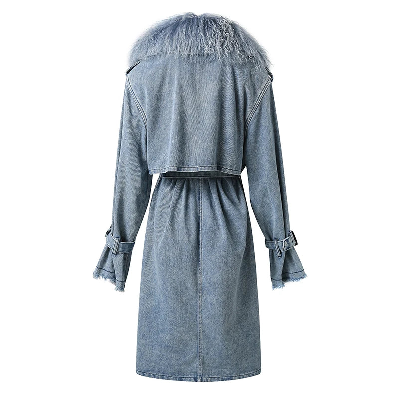Lady Fashion Mongolian Fur Collar Denim Jacket Spring Autumn Long Trench Coat with Fur Detachable Collar