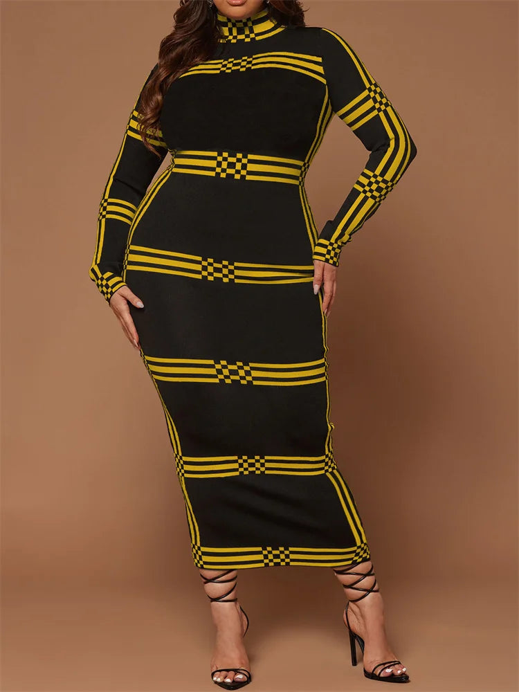 Wmstar Plus Size Dresses for Women O Neck Bodycon Stretch Striped Elegant New in Fashion Maxi Dress Wholesale Dropshipping 2024