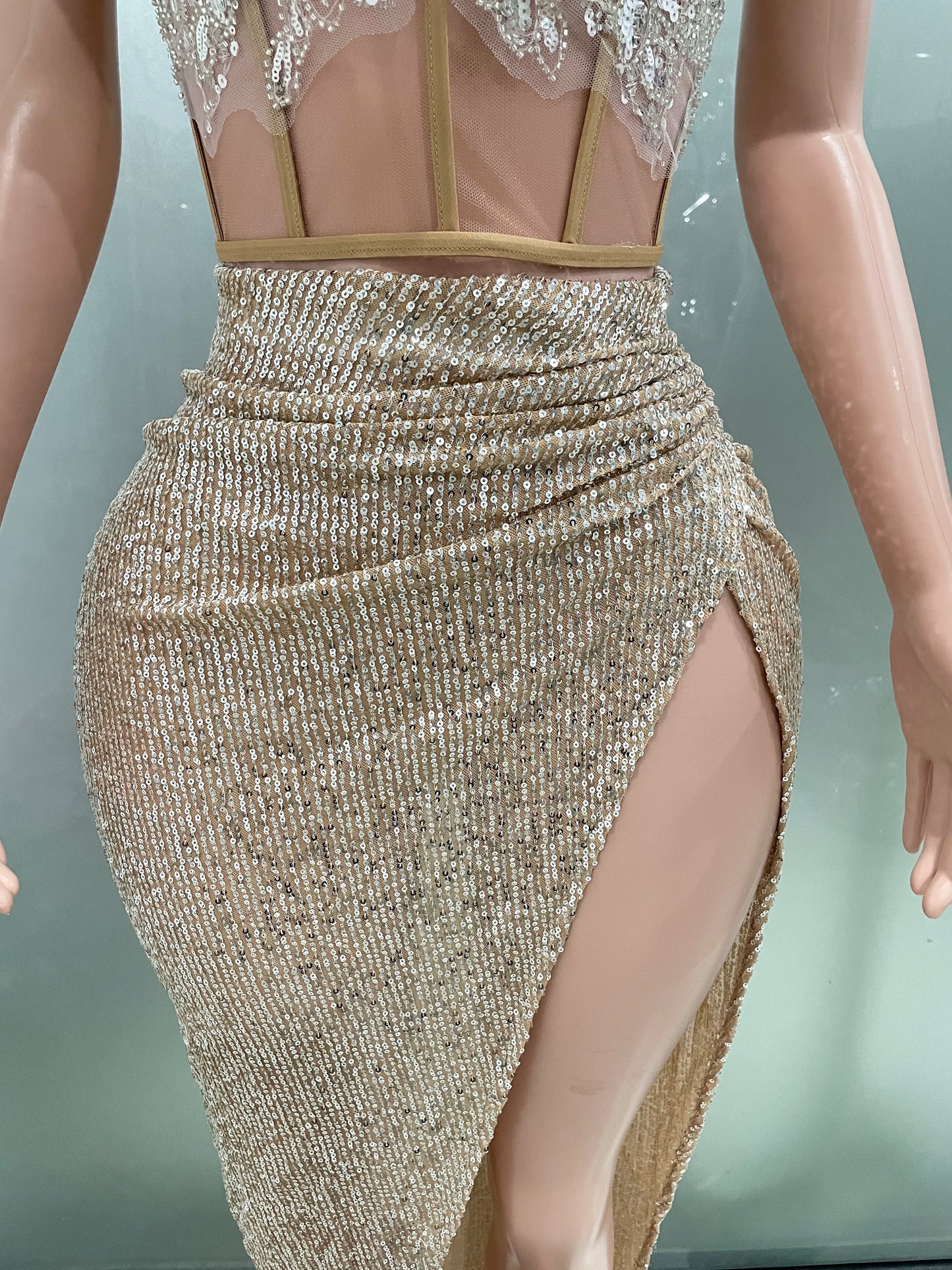 Women Glitter rhinestone Bright Sequins Two Pieces Evening Party Dress Celebrate Festival Dancer Bar Nightclub Ds Dj Stage Wear