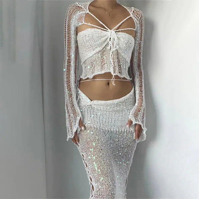 Sexy Sequined Knitted Sweater Party Dresses 3 Piece Skirt Sets Womens Outfits Flare Long Sleeve See Through Clue Wear Dress