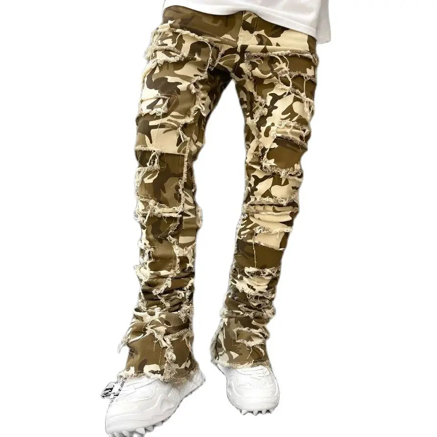 2024 New Premium Vintage Blue Stacked Jeans For Men Stretchy Raw Frayed Denim Destroyed Washed Patchworks Pants