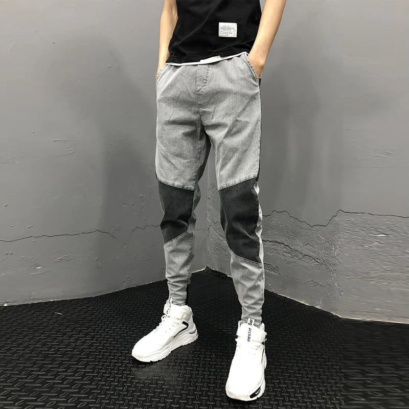 Men's Summer Korean Fashion Vintage Patchwork Stretchy Washed Denim Pants Y2K Casual Streetwear Slim Fit Jeans Pantalones Hombre