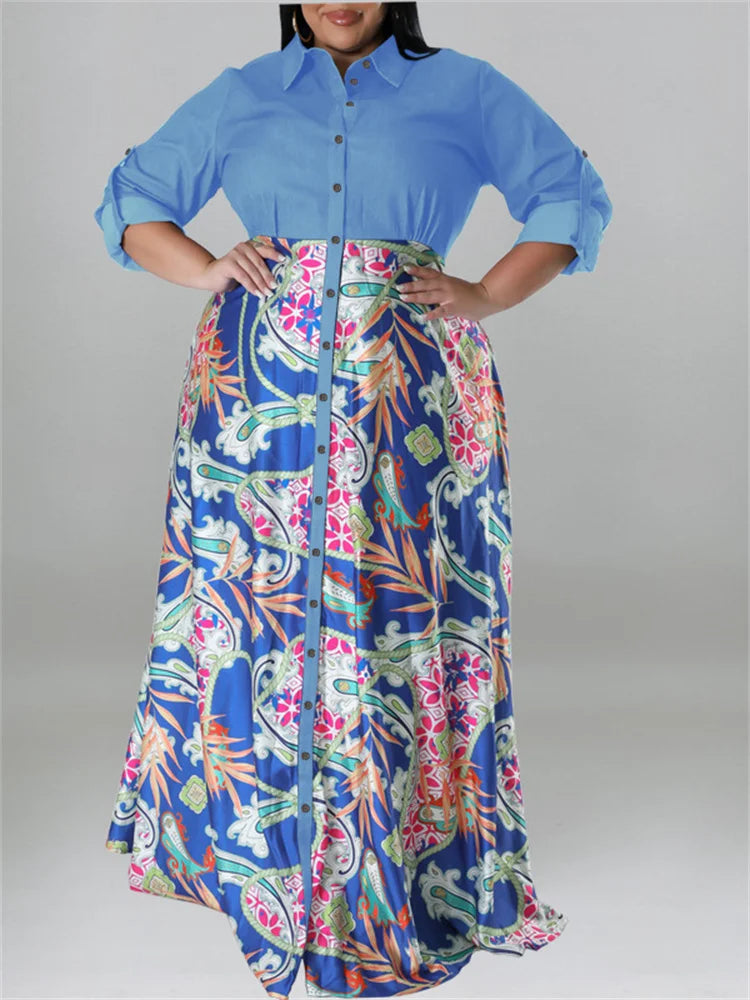 Wmstar Plus Size Women Dress Button Patchwork High Waist Elegant Long Sleeve New in Fall Maxi Dresses Wholesale Dropshipping