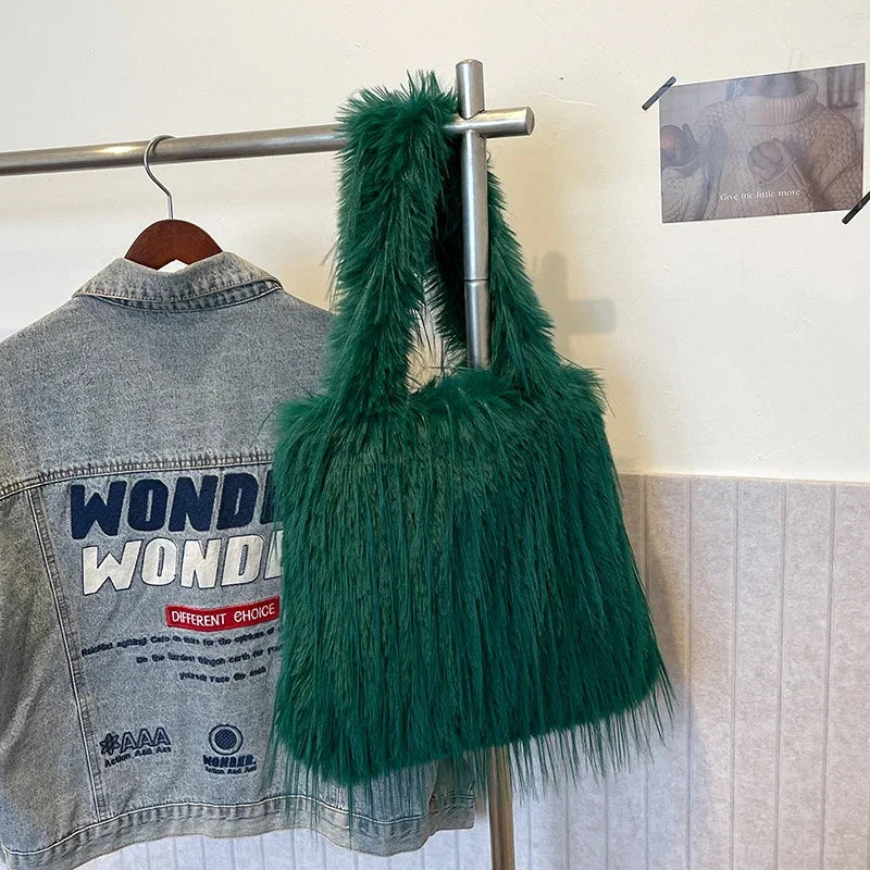 2025 NEW Wool Women's Plush Shoulder Bags Y2k Hot Faux Fur Lady Bag Large Capacity Fashion Female Furry Purse Tote Handbags