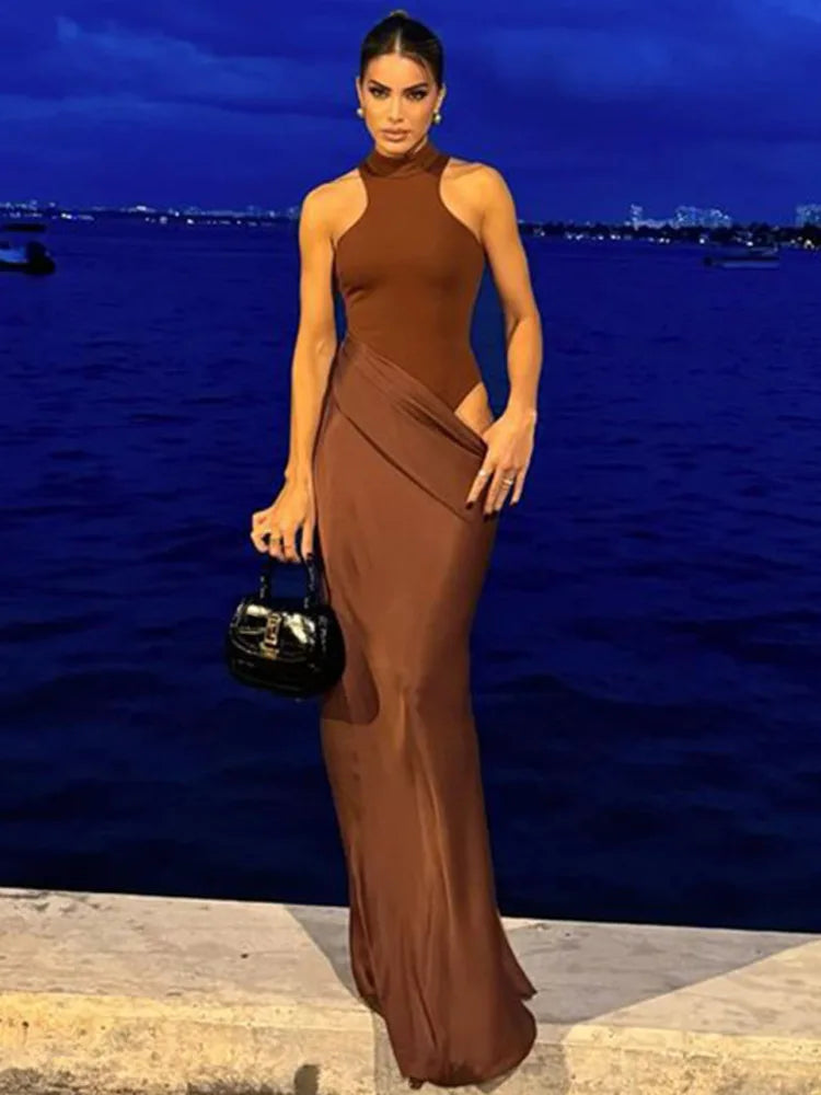 Satin Sexy Hollow Out Women Maxi Dress