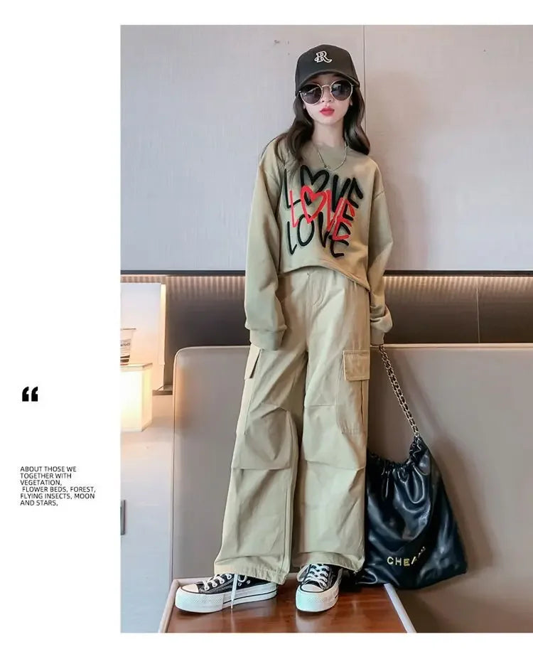 2025 spring autumn Kids tracksuit Children set Girls Clothes loose T-Shirt + wide leg Cargo Pants Teenager 4 5 6 7 10 11 12 year