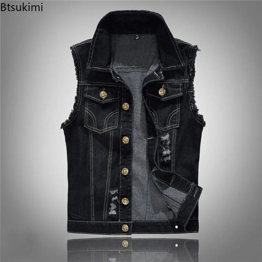 2025 Men's Fashion Jeans Sleeveless Jacket Vest Male Black Blue Denim Jeans Vest Man Cowboy Outdoors Waistcoat Mens Jacket Vest