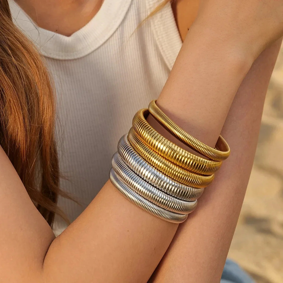 Stainless Steel Texture Flex Snake Chain Cuff Bracelet