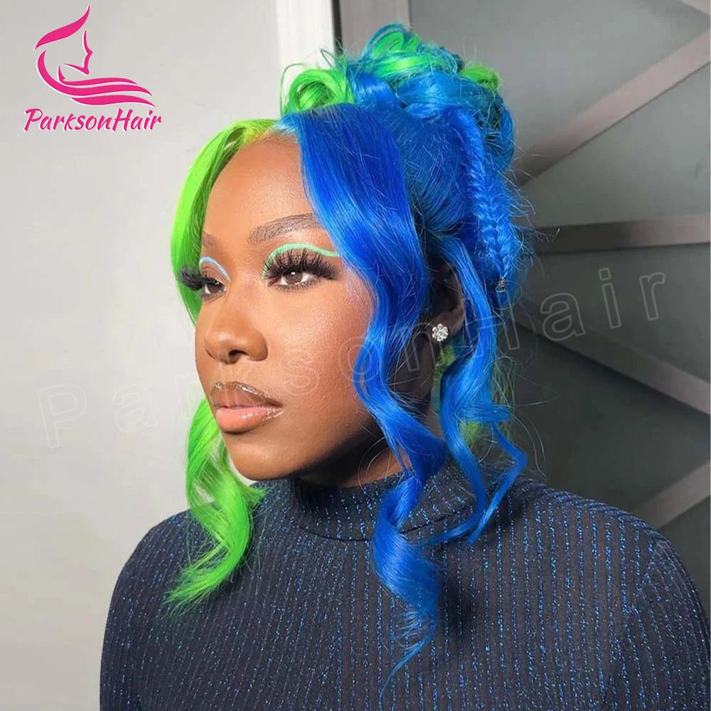 Highlight Black With green 13x6 HD Lace Frontal Wigs Human Hair Wig For Black Women Brazilian Hair Glueless T Part Lace Wigs